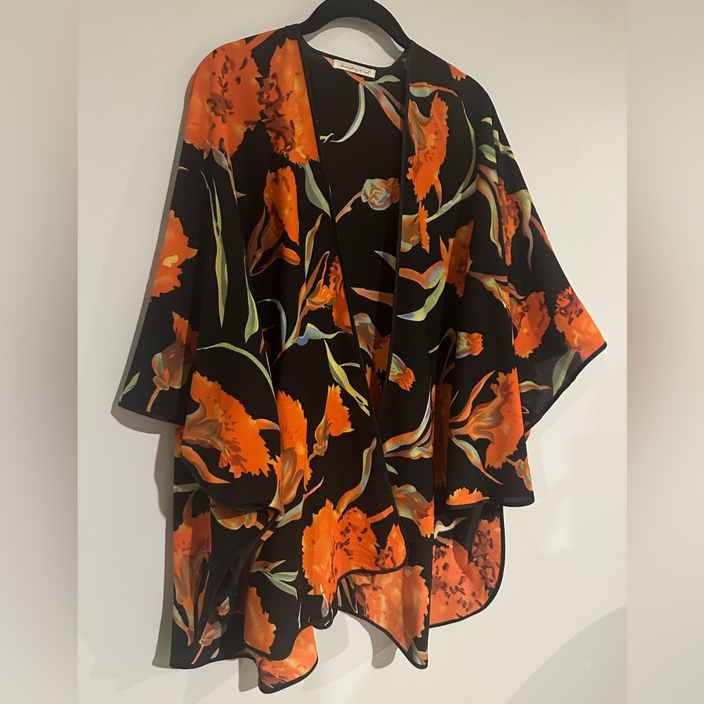 Floral Black Orange/Red Kimono Top OS Anthropologie